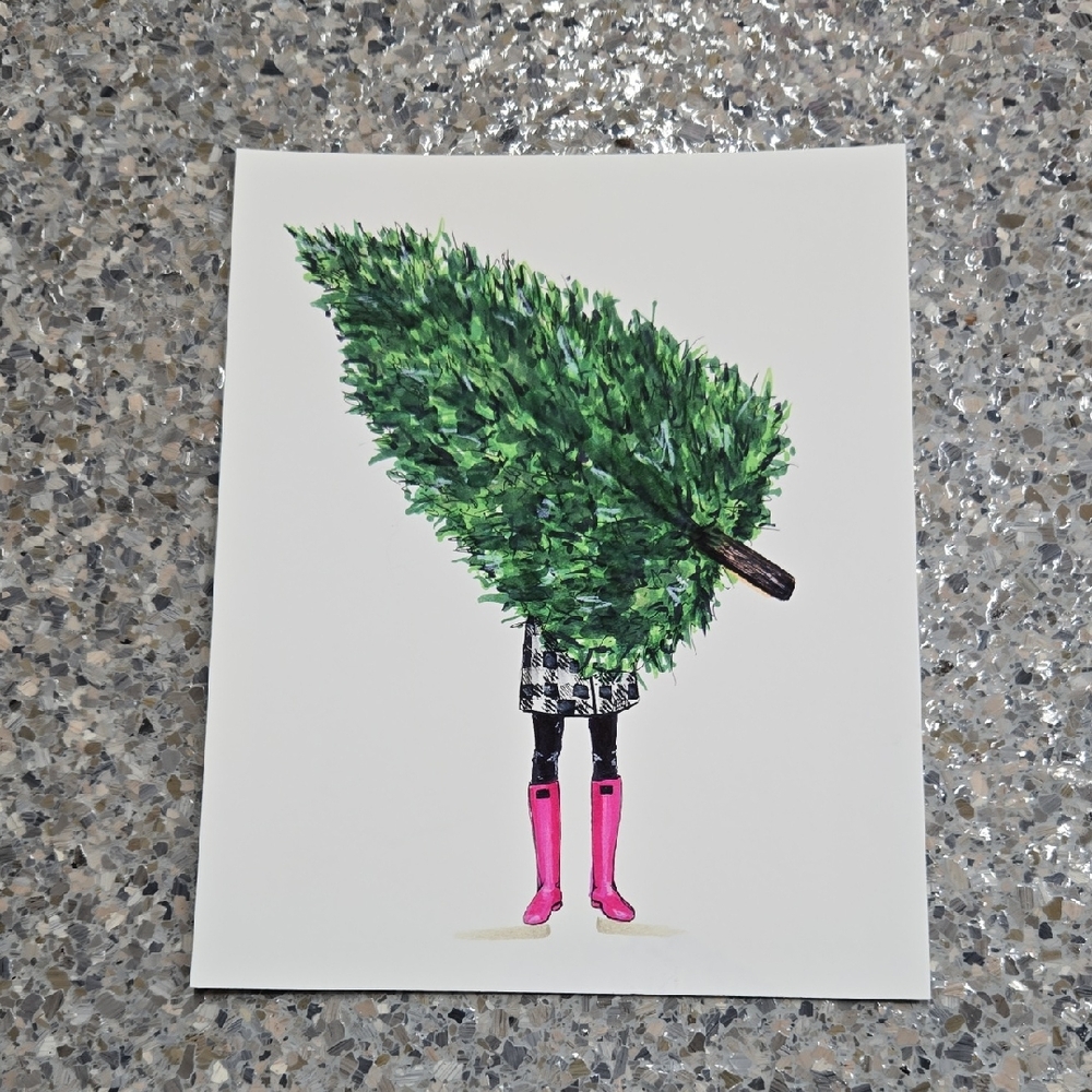 Whimsical Green and Pink Christmas Tree Art Print Melsy's Illustrations
